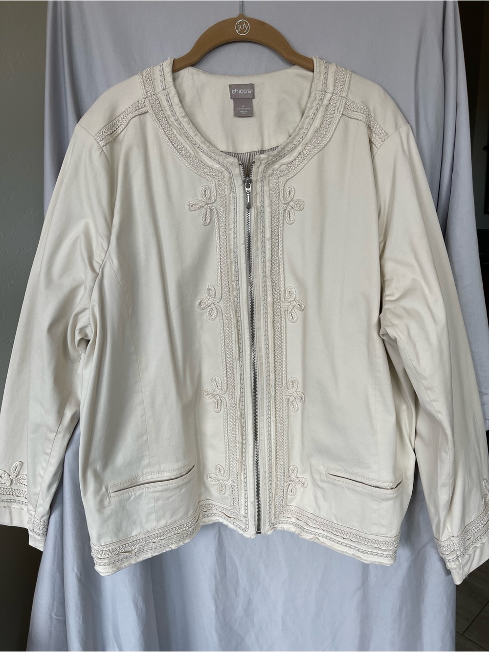 Chico's Cream Embroidered Zip-Front Jacket